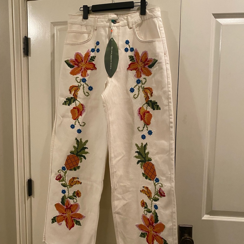 Farm Rio white embroidered jeans